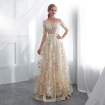 Beautiful Floral Prom Dresses Walk Beside You Lace 3/4 Sleeves A-line Champagne  - £278.89 GBP