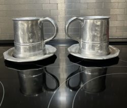 2 Wilton Pewter 4&quot; x 3.5&quot; Mugs steins with saucers RWP made in Columbia ... - £51.36 GBP