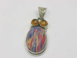 RAINBOW CALSILICA and Genuine AMBER Vintage PENDANT in Sterling Silver -... - $55.00