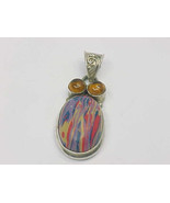 RAINBOW CALSILICA and Genuine AMBER Vintage PENDANT in Sterling Silver -... - £43.20 GBP