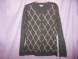 Ladies Croft&amp;Barrow Gray Cardigan Sweater XLarge Pink&amp;White Pattern - £9.58 GBP