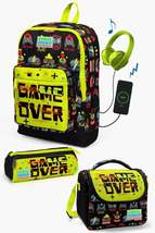 Kids Black Neon Yellow Game Over Patterned USB 3 Pcs School Bag Set SET0123828 - £207.79 GBP