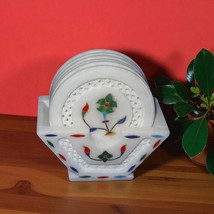 Buy White Marble Coaster Set Handcrafted Inlay Floral Art Serving Platte... - $246.30