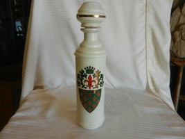 White Glass Liquor Bottle &amp; Stopper Medieval Coat of Arms Fleur de Lis, Empty - £29.97 GBP
