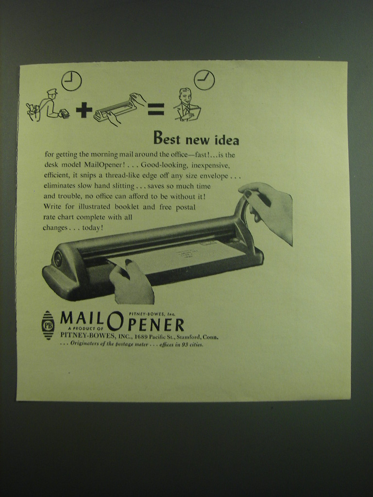 Primary image for 1949 Pitney-Bowes MailOpener Ad - Best new idea