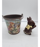 Faux Chocolate Bunny Figurines With Yellow Bows  + Retro Bucket Pail Tie... - $322.16 MXN