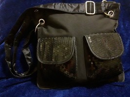 Black Canvas Crossbody Shoulder Bag Purse W Sequined Front Pockets - $11.29