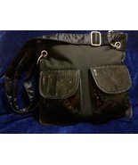 Black Canvas Crossbody Shoulder Bag Purse W Sequined Front Pockets - £8.85 GBP