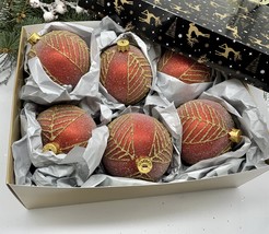 Set of 6 red Christmas glass balls, hand painted ornaments with gifted box - £56.88 GBP