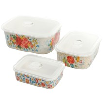 Pioneer Woman Sweet Rose Ceramic Bowl Set Floral 3-Pc Lids Kitchen Gift NEW - $42.97