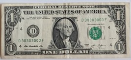 US$1 Fancy Serial Banknote 2013 Binary 30303003 - $19.95