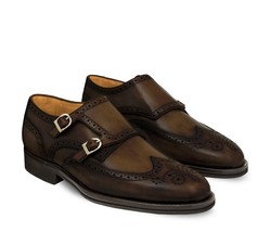 New Monk Handmade Leather Coffee Brown color Wing Tip Brogue Shoe For Men&#39;s - $159.00