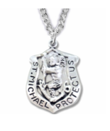STERLING SILVER ST. MICHAEL BADGE SHIELD PATRON OF POLICE NECKLACE &amp; CHAIN - £63.75 GBP