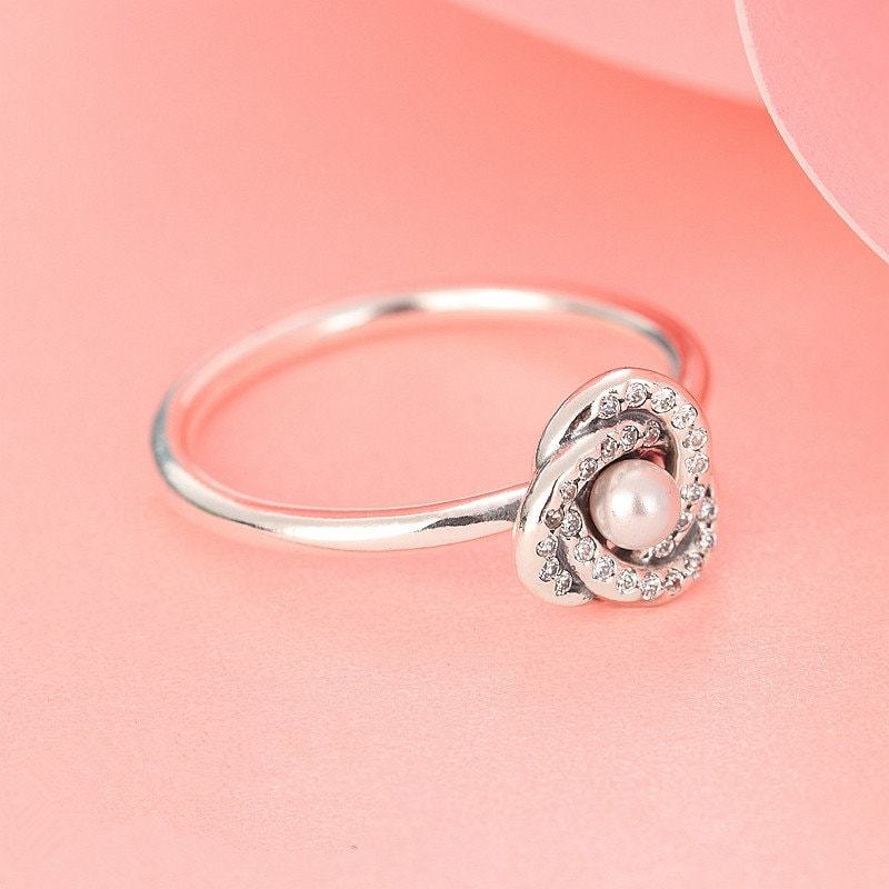 925 Sterling Silver Luminous Love Knot Ring White Crystal and Pearl Ring Item image 2