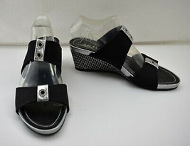 Amalfi by Rangoni Black Metallic Silver Open Toe Wedge Heel Sandals - Women&#39;s 7M - £42.49 GBP
