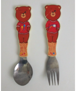 1983 W.A. Teddy Bear Fork &amp; Spoon Set Stainless Steel/Plastic Made in Ho... - £7.61 GBP