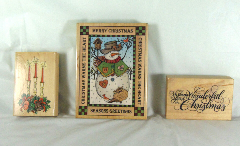 Three Christmas Winter Holiday Themed Stamps, Large Snowman, Candles, Phrase - $21.42