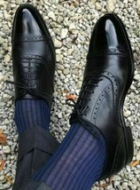 Handmade Men&#39;s Formal Black Leather Cap Toe Lace Up Dress Shoes Custom Men Shoes - £137.10 GBP