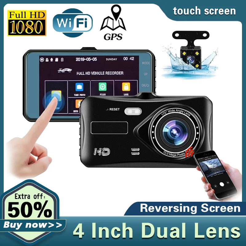 Camcorder car dvr dashcam 4 inch ips touch screen 170 g sensor dual lens wdr full thumb200