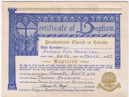 Certificate Of Baptism Presbyterian Church Of Canada 1957 - $2.96