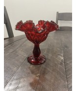 Vintage Fenton Ruby Red Thumbprint Double Crimped Footed Compote Gold Crest - $612.62 MXN