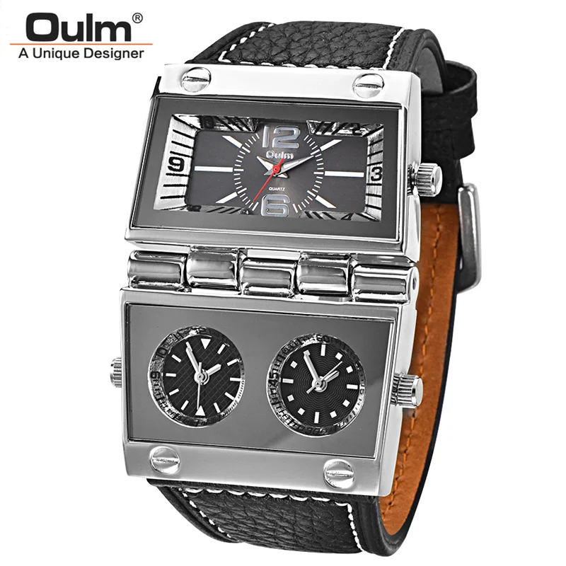 Oulm Time Zone 2 Dials   Men Big Clock Male Leather Casual  Wristwatch Man - £98.39 GBP