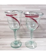 2-Green &amp; Red Mexican Art Glass Hand-Blown Swirl Wine Glass Goblets - £16.25 GBP