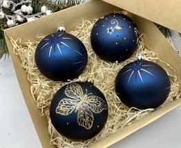 Set of 4 blue Christmas glass balls, hand painted ornaments with gifted box - £44.82 GBP