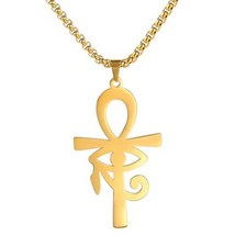 Egyptian Ankh Necklace Gold Stainless Steel Eye of Ra Aunk Amulet &amp; Chain - £14.21 GBP