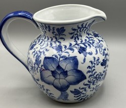 Pitcher Andrea by Sadek Blue White Handle Spout Floral Design 7&quot; Tall 4.2&quot; Diam. - £26.20 GBP