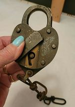 ANTIQUE BRASS HEART SHAPED LOCK DE CO. ENGRAVED image 2