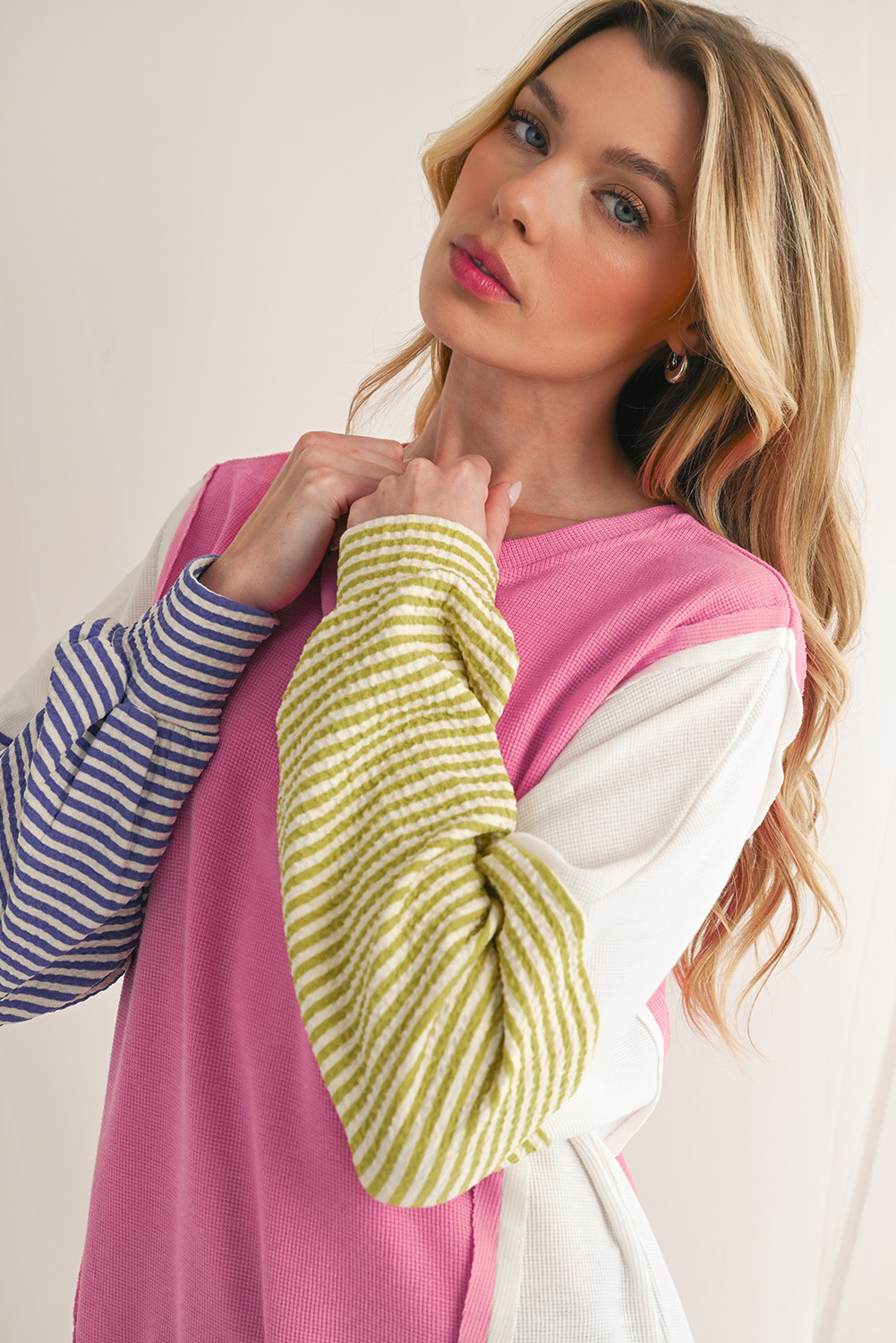 Sachet Pink Waffle Patchwork Striped Sleeve Top - $27.10