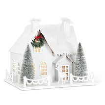 Snowy Christmas House Statue LED 8.5&quot; high Papercraft White Deer Wreath Lights - $49.49