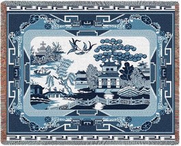 72x54 WILLOW BLUE China Asian Tree Architecture Nature Tapestry Throw Blanket - $63.36