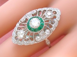 Estate Edwardian Art Deco 1.63ctw Euro, Mine Diamond Emerald Halo Cocktail Ring - £3,536.09 GBP
