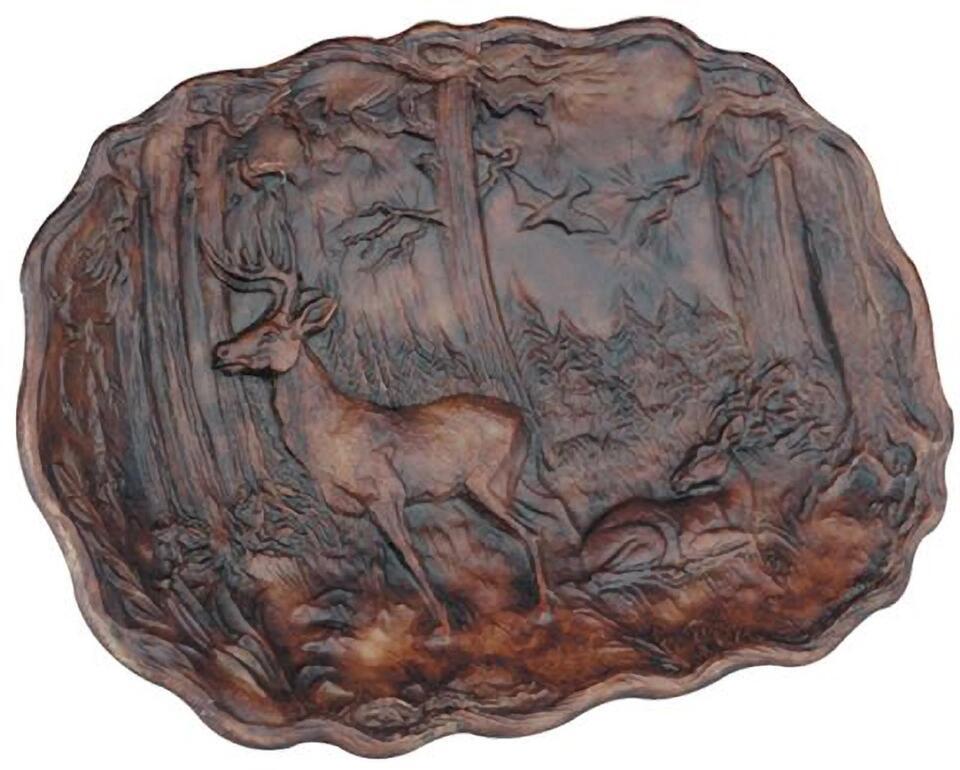 Plaque MOUNTAIN Lodge Deer in Forest Oval Resin Hand-Painted Relief Carved - $139.00