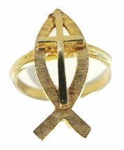 Religious Ichthus Gold Tone Ring Cross &amp; Fish Sz 6-7 Christian Faith Jew... - £10.53 GBP