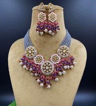 Gold Plated Bollywood Indian Pearl Enameled Kundan Bridal Jewelry Necklace Set - £36.48 GBP