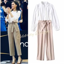 Queen Letizia Inspired White Pintuck Blouse &amp; Beige Self-Tie High-Waiste... - $164.27 CAD