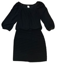 B DARLIN Black Pleated Blouson Dress Sheer Puff Sleeves Black Size Medium - $15.35
