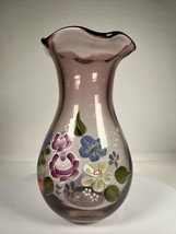 Fenton for Teleflora 8&quot; Ruffled Purple Amethyst Glass Vase Hand-Painted - £9.73 GBP
