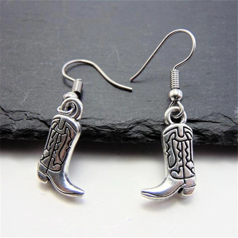 girl Ear, Antique Silver Color Mini Western boy Boot Charms Ear Wire Hooks, Cool - £46.24 GBP