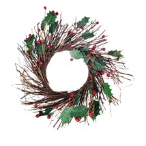 Twig Grapevine Wreath 16 Inch Red Berries &amp; Leaves Woven Natural Fall Wi... - £11.66 GBP