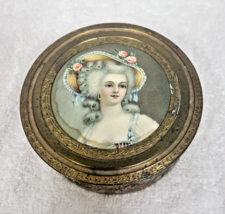 Antique Vanity Box w Beautiful Woman on Lid Brass w Velvet Lining 4.5 W ... - $34.16