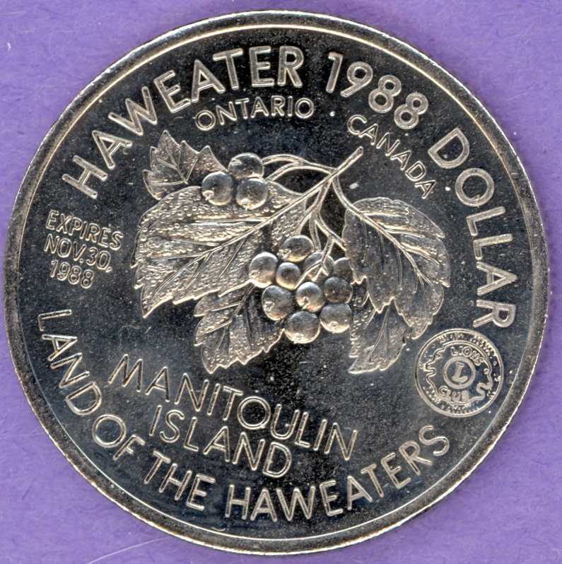 1988 Manitoulin Island Ontario Trade Token or Trade Dollar Hawberries Haweaters - $8.95