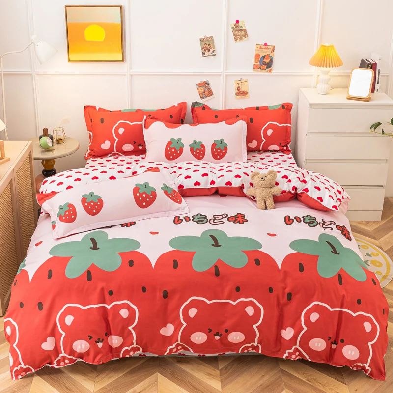 UPzo Strawberry Bedding Set Double Sheet Soft 3/4pcs Bed Sheet Set Duvet Cover - £26.71 GBP+