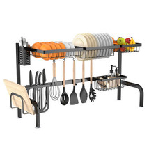 2 Tier Adjustable Over Sink Dish Drying Rack with 8 Hooks - £91.38 GBP