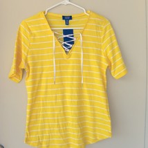 JNC Jones NY Women Small Yellow Striped Top V-Neck Lace Up Short Sleeves NWT NEW - £5.49 GBP