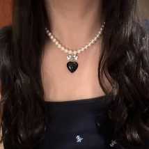 Pearl Necklace  Black Glass Heart Bow Pendant Beaded Chain Choker Goth Aesthetic - £13.77 GBP