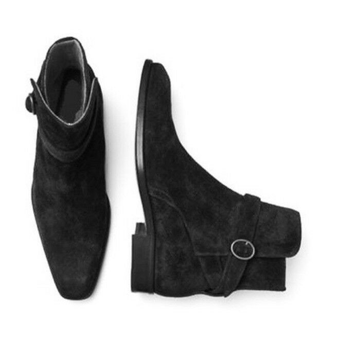 Men's Black Jodhpur High Ankle Rounded Buckle Strap Suede Leather Boots US 7-16